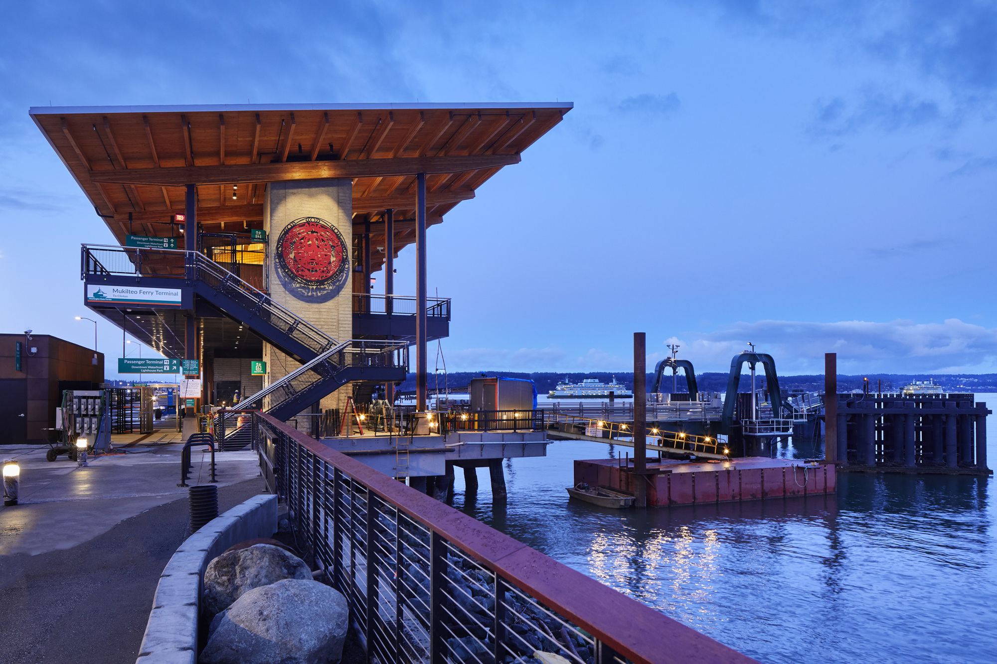 ferry terminal on waterfront at dusk