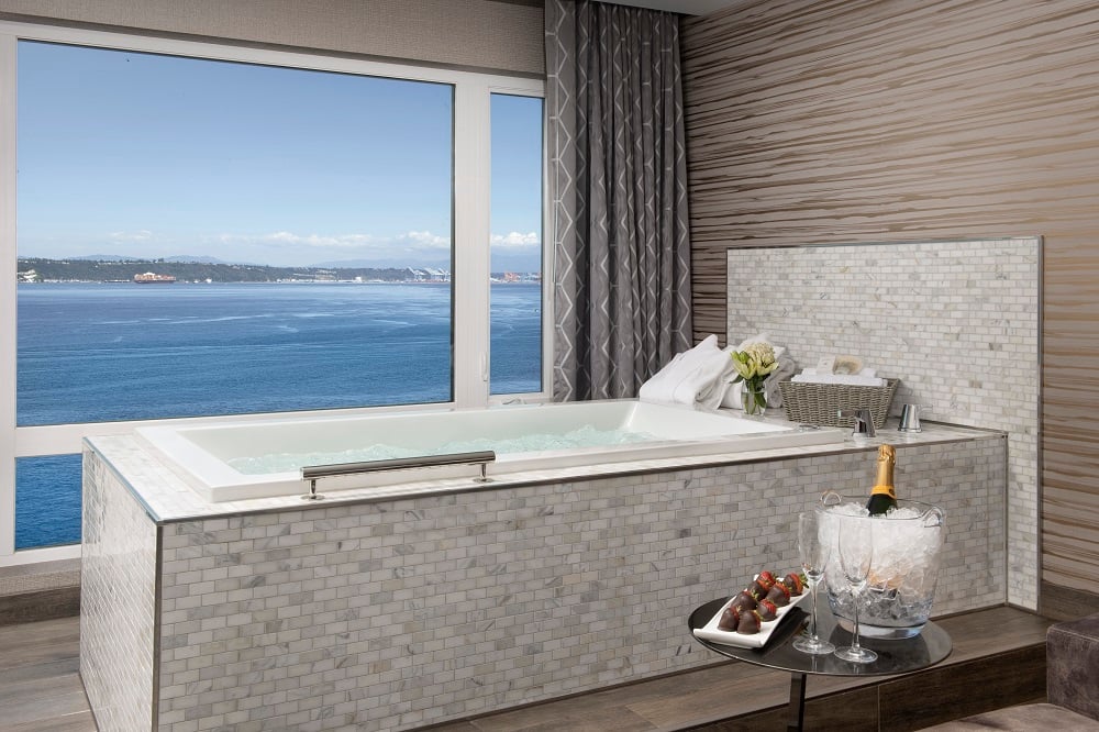 close-up view of jacuzzi tub in hotel room.