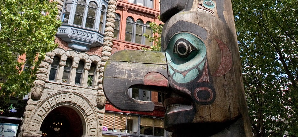 close up view of totem pole in pioneer square seattle