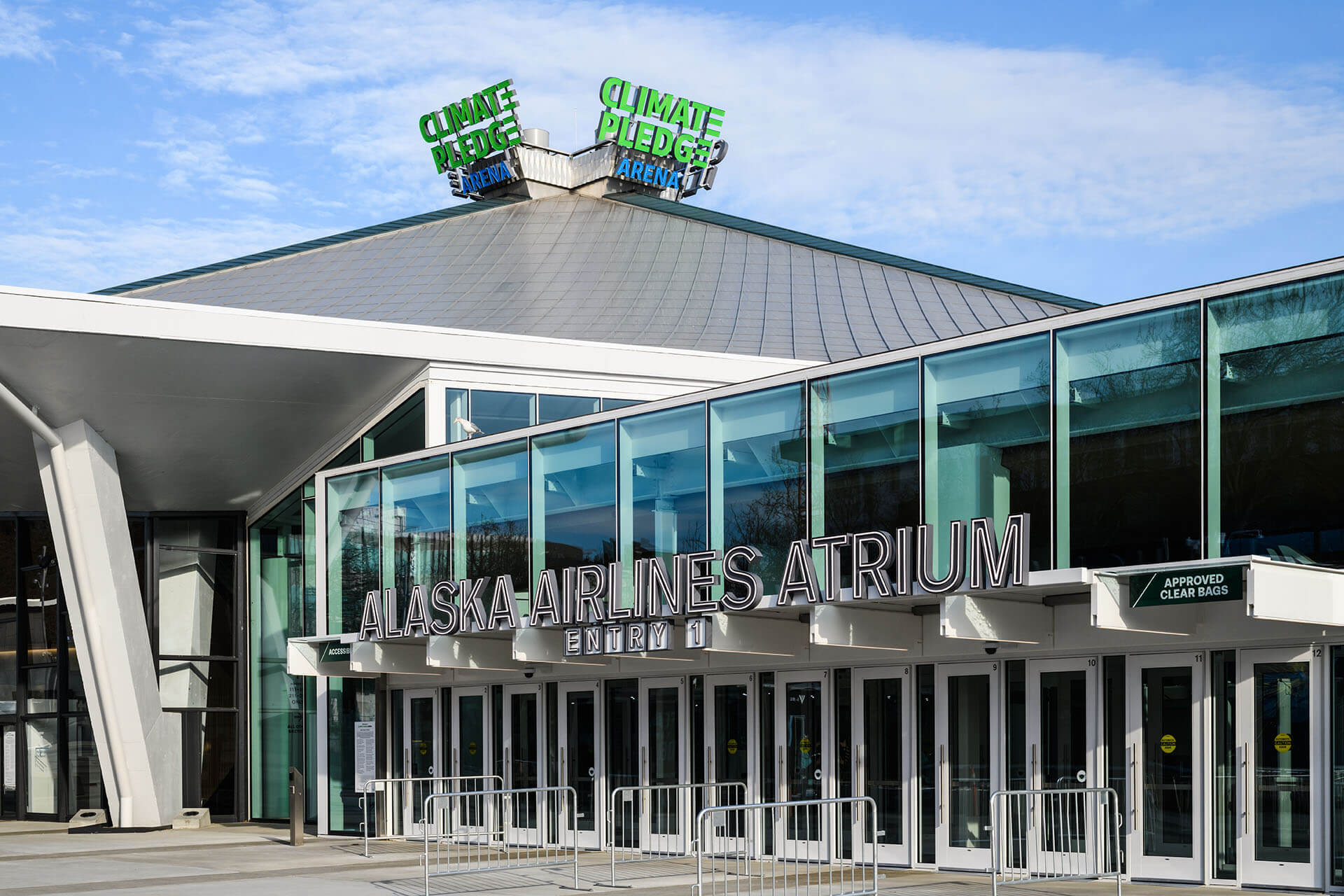 Entrance to the Alaska Airlines Atrium at the Climate Pledge Arena in the Lower Queen Anne neighborhood of Seattle