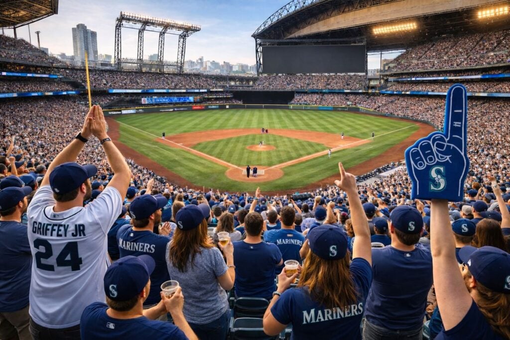 Crowd cheering at a baseball game