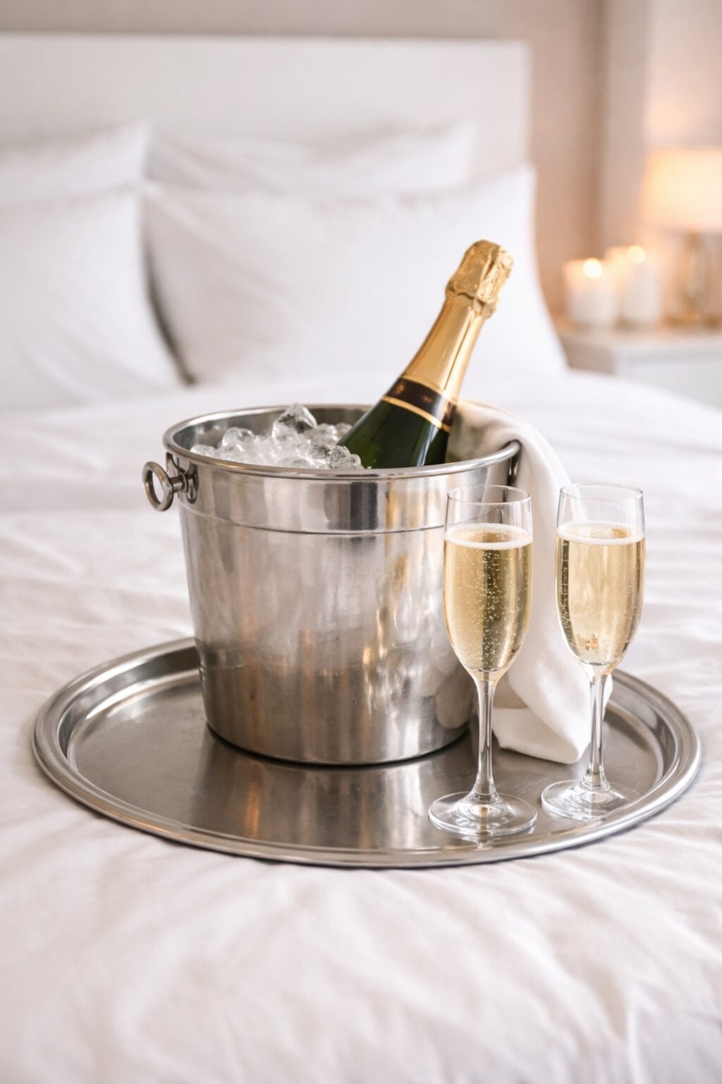 Champagne in ice bucket with filled champagne glasses.